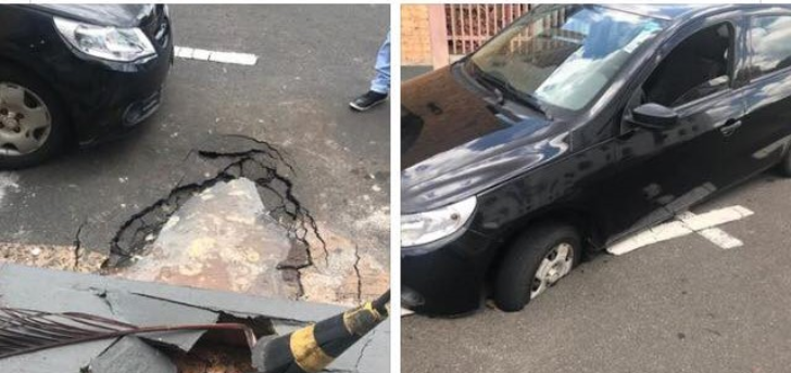 Chuva forte em Fernandópolis faz asfalto ceder e carro ficar preso em cratera 